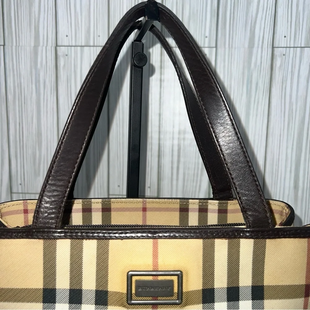 Burberry Vintage Nova Check Tote Bag Brown Leather Trim Plaid Shoulder Handbag